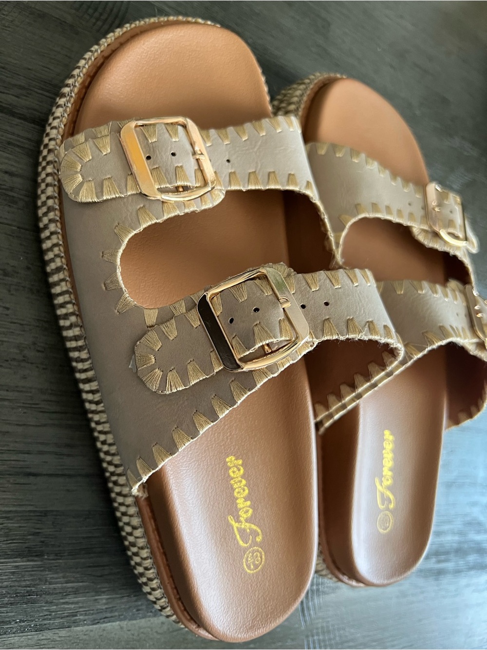 Women's Platform Buckle Slide Sandals with Gold Stitching